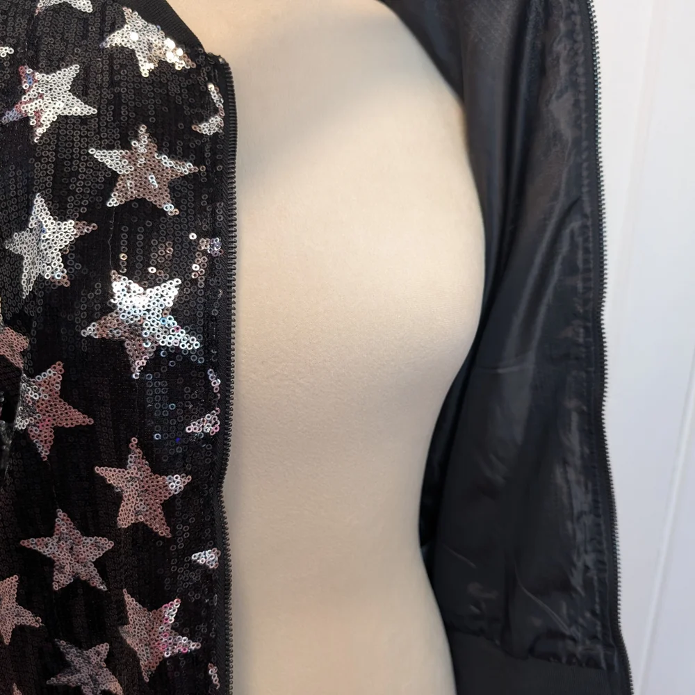 Say What? Women's Size Small Sequin Star Bomber Jacket Silver Glitter Glam - Picture 5 of 9